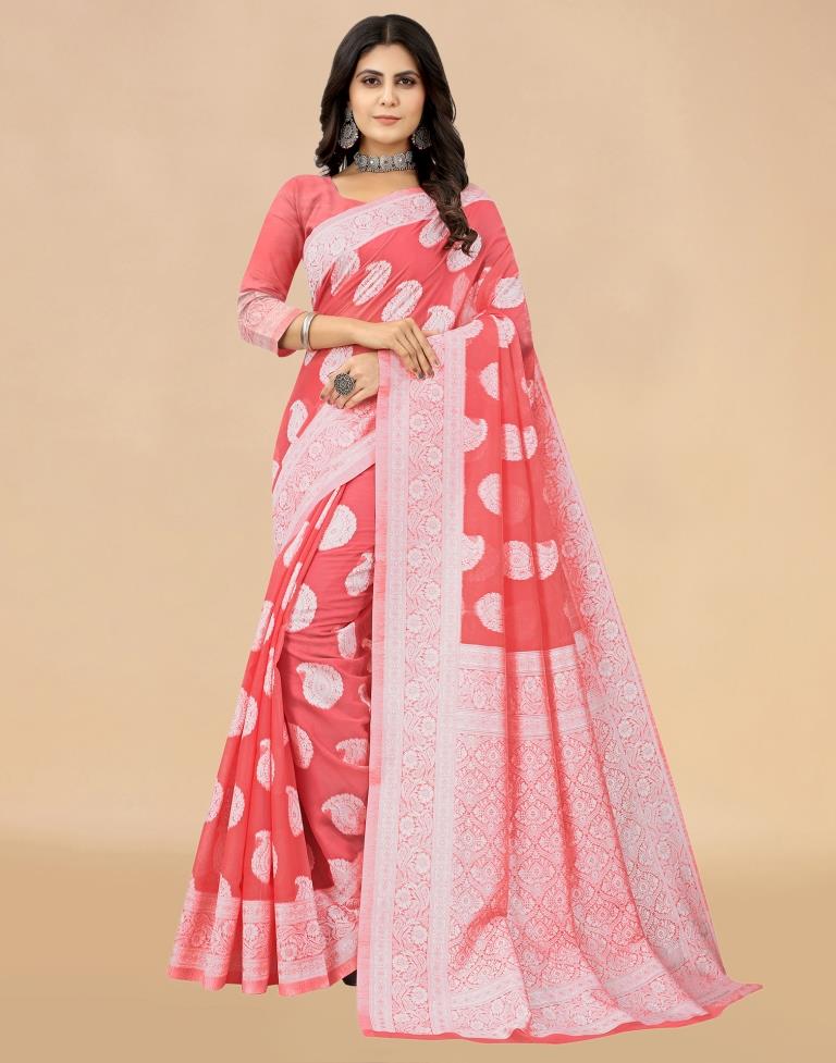 Rose Pink Cotton Woven Saree