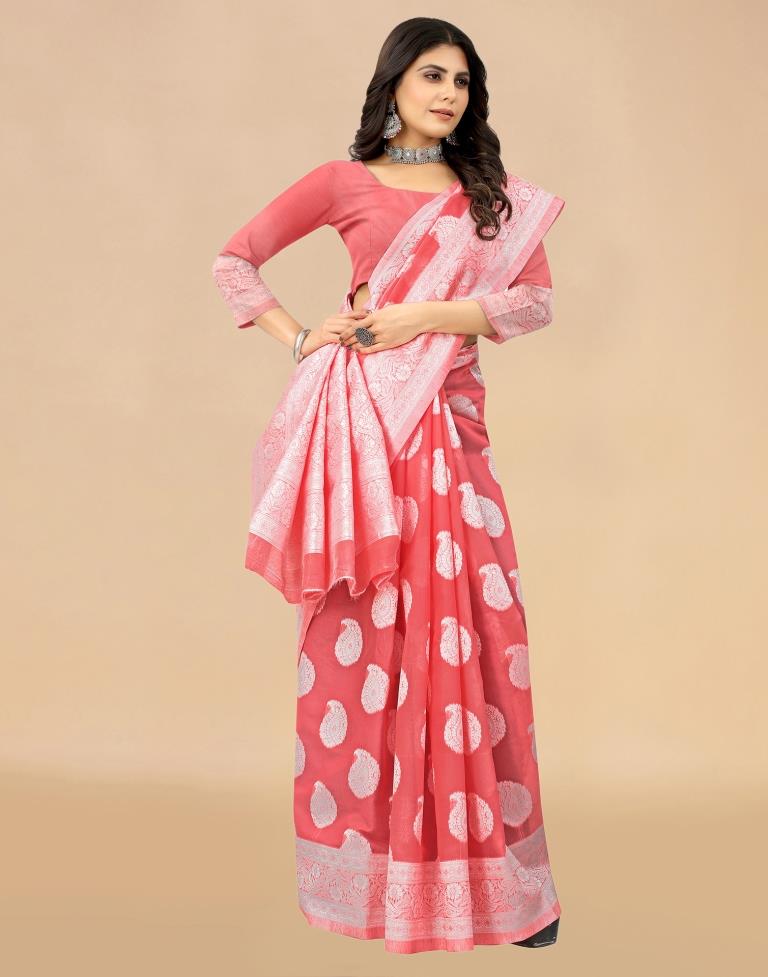 Rose Pink Cotton Woven Saree