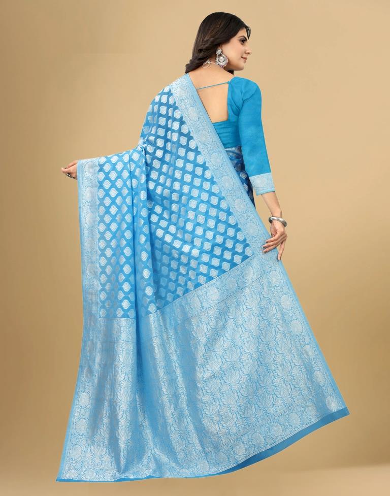 Sky Blue Cotton Woven Saree