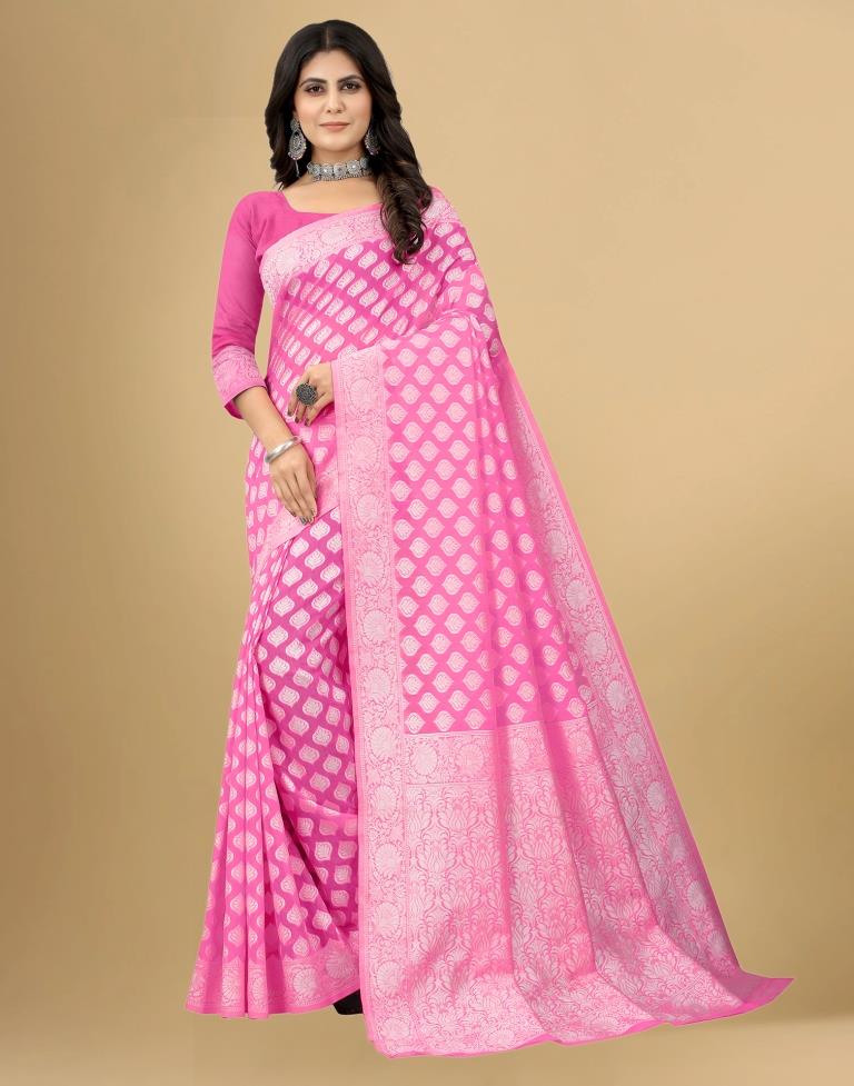 Pink Cotton Woven Saree