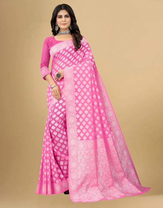 Pink Cotton Woven Saree