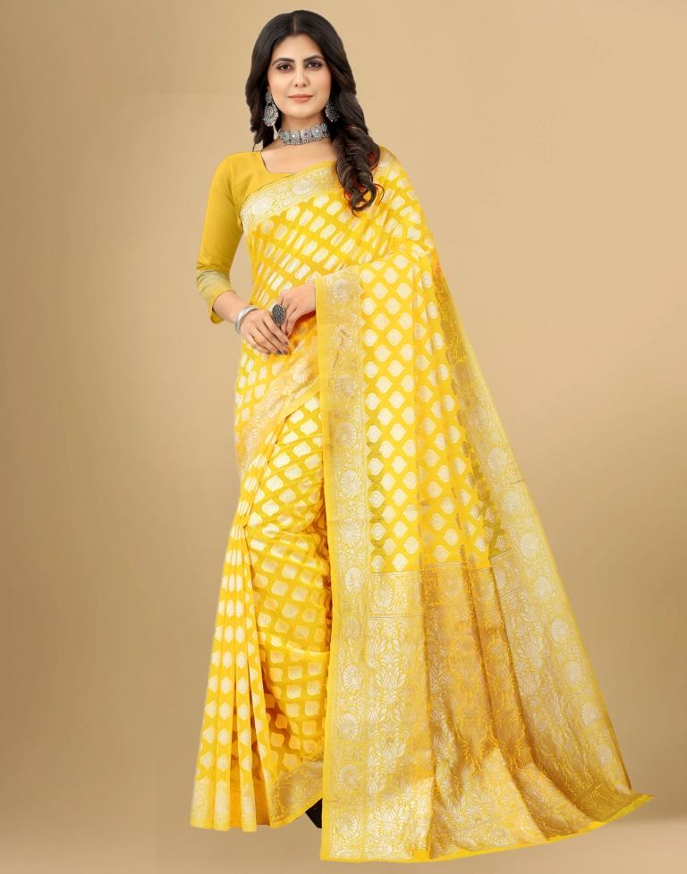 Yellow Cotton Woven Saree