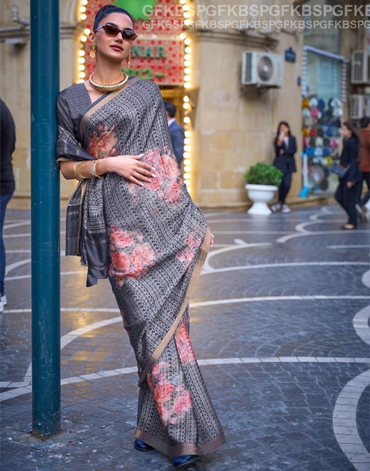 Grey Self Woven Silk Saree