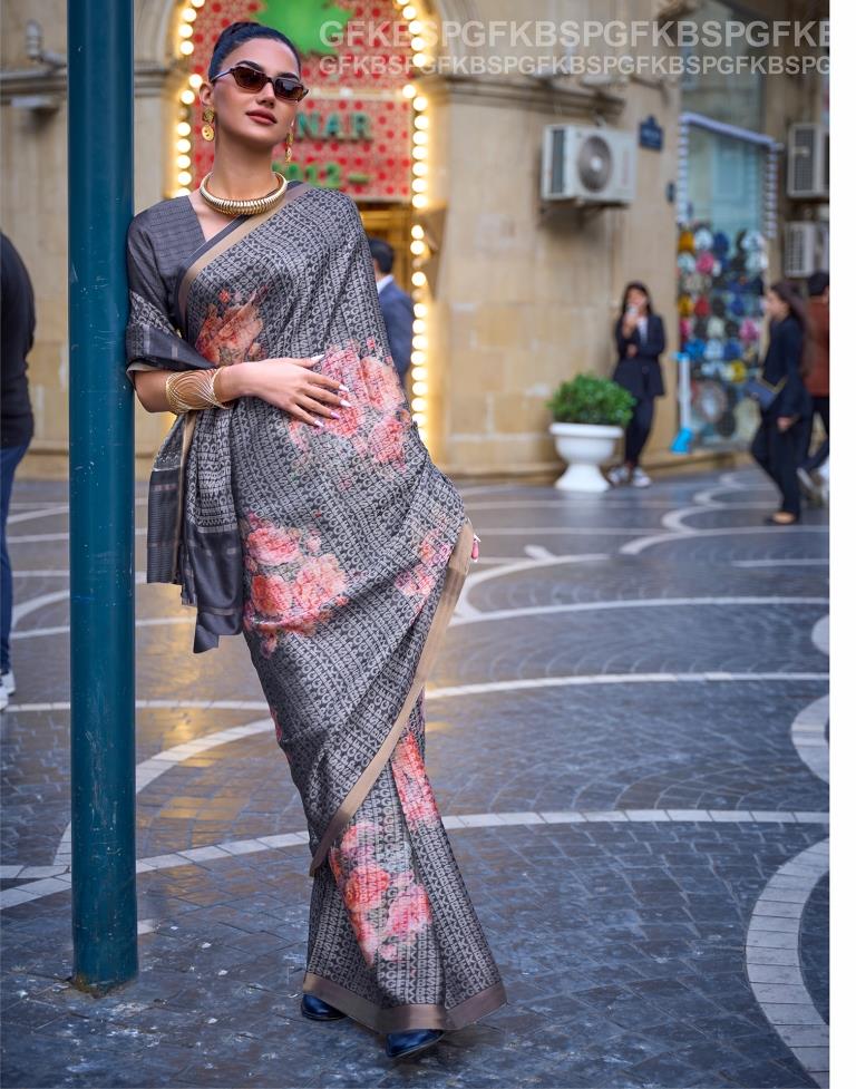 Grey Self Woven Silk Saree