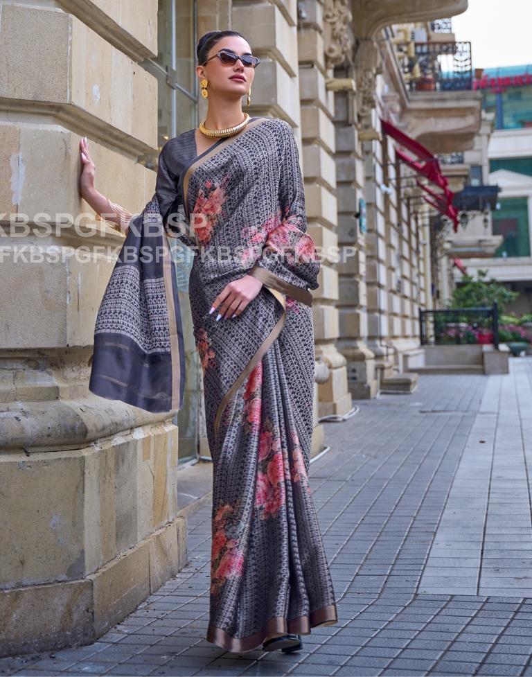 Grey Self Woven Silk Saree