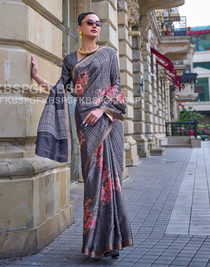Grey Self Woven Silk Saree