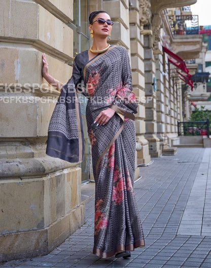 Grey Self Woven Silk Saree