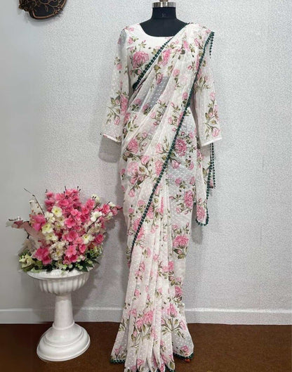 Ready to Wear White Printed Chiffon Saree