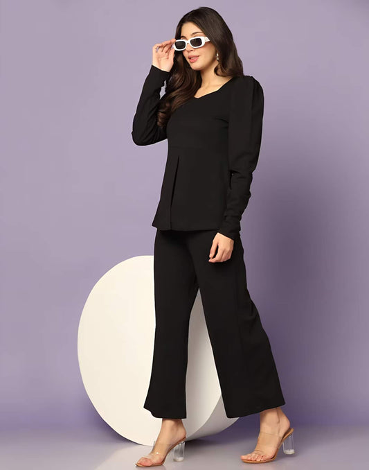 Black Puff Sleeve Solid Co-Ords Set