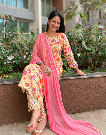 Yellow Printed Rayon Straight Kurta With Pant And Dupatta