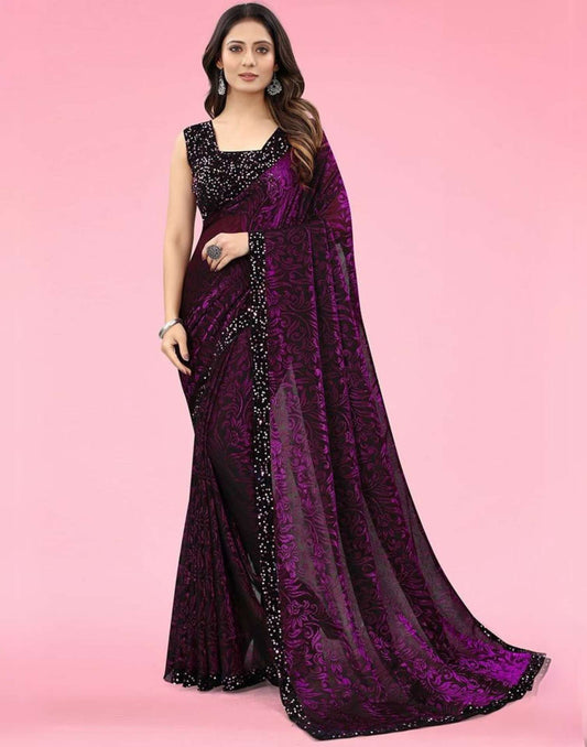 Wine And Black Velvet Sequence Saree