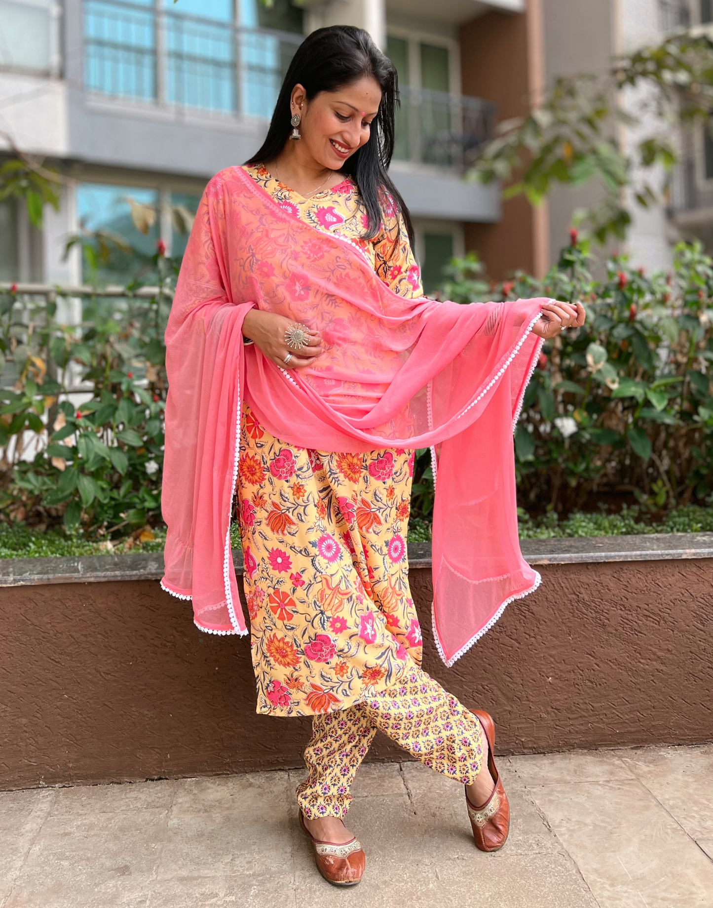 Yellow Printed Rayon Straight Kurta With Pant And Dupatta