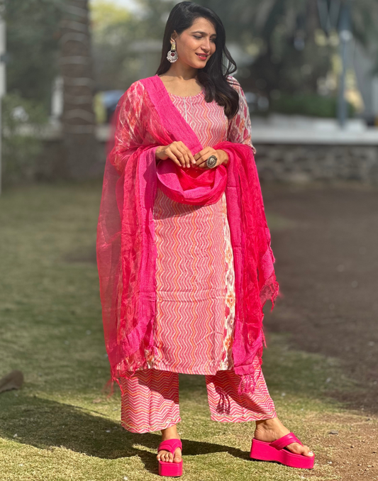 Pink Printed Rayon Straight Kurta With Pant And Dupatta