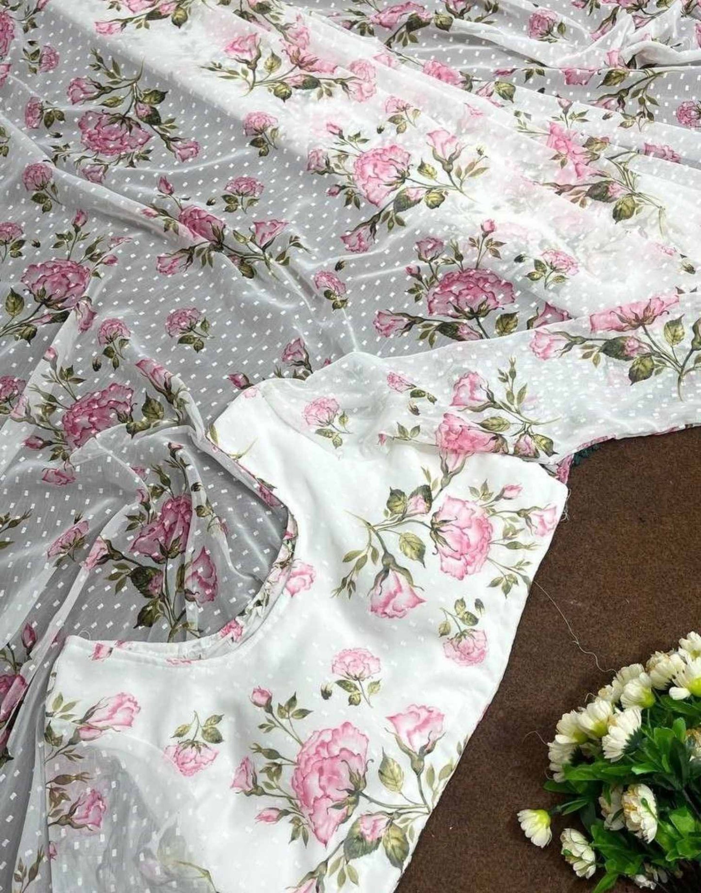 Ready to Wear White Printed Chiffon Saree