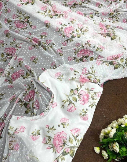 Ready to Wear White Printed Chiffon Saree