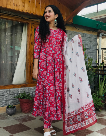 Red Printed Flared Kurta With Pant And Dupatta