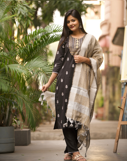 Black Printed Cotton Straight kurta With Pant And Dupatta