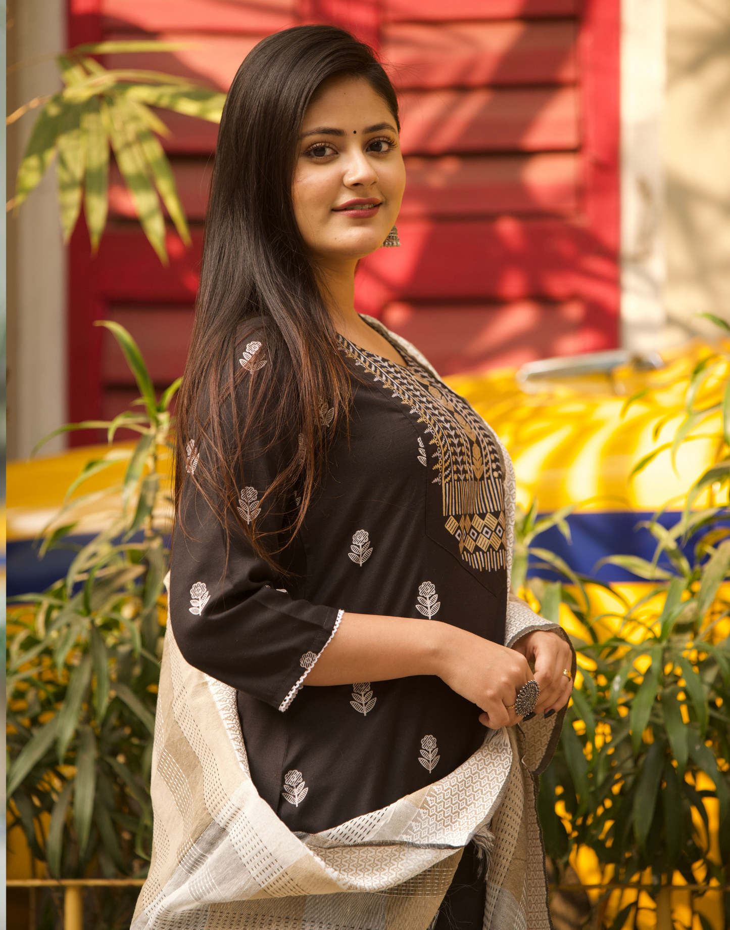 Black Printed Cotton Straight kurta With Pant And Dupatta