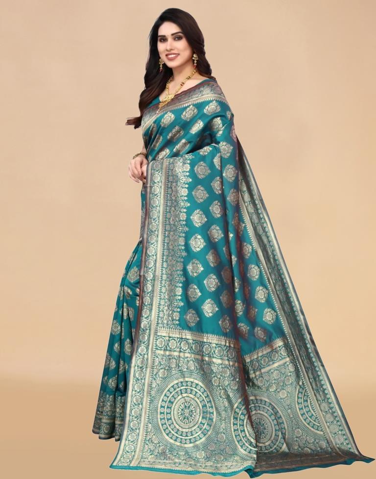 Teal Jacquard Banarasi Silk Saree