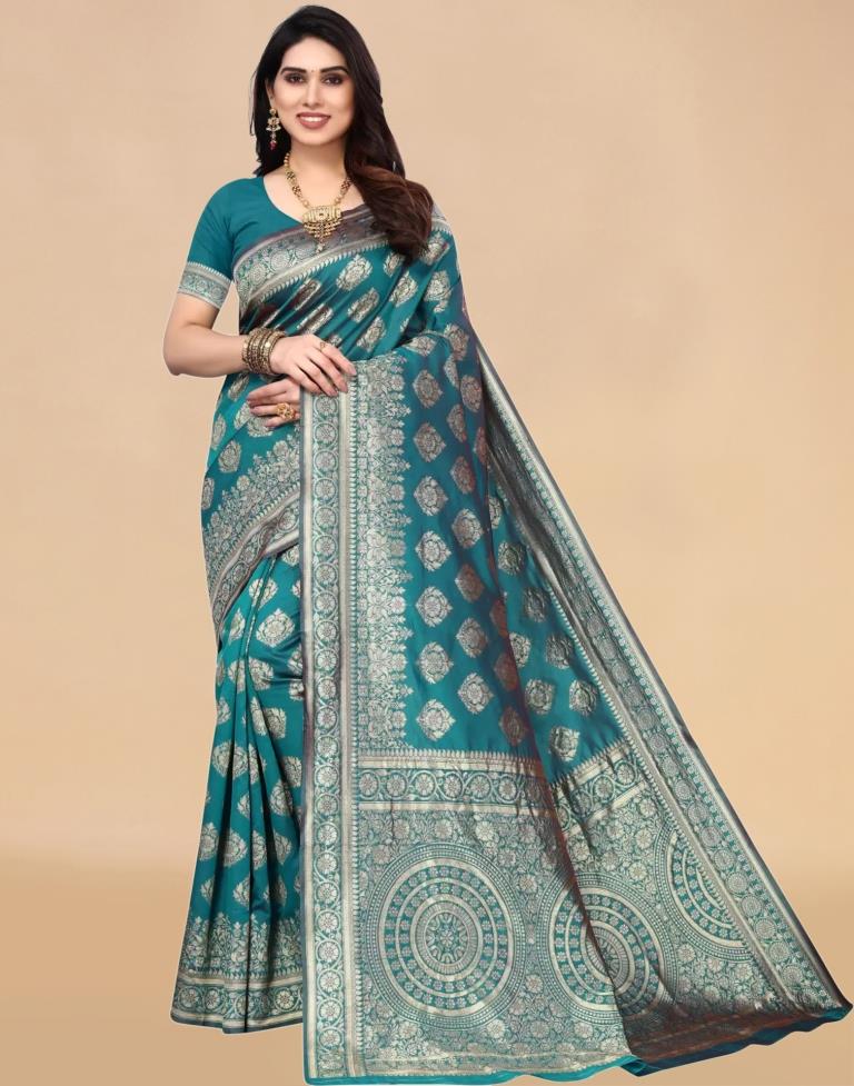 Teal Jacquard Banarasi Silk Saree