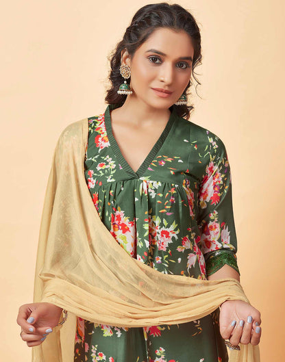 Mehndi Green V-Neck Gathered Kurta With Pant And Dupatta