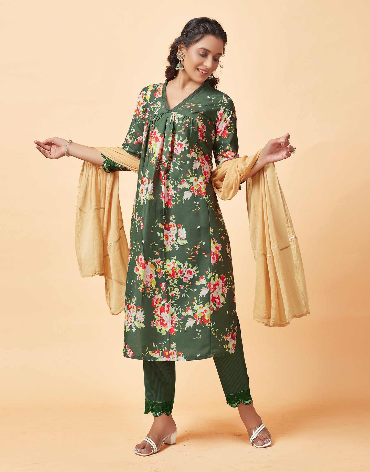 Mehndi Green V-Neck Gathered Kurta With Pant And Dupatta