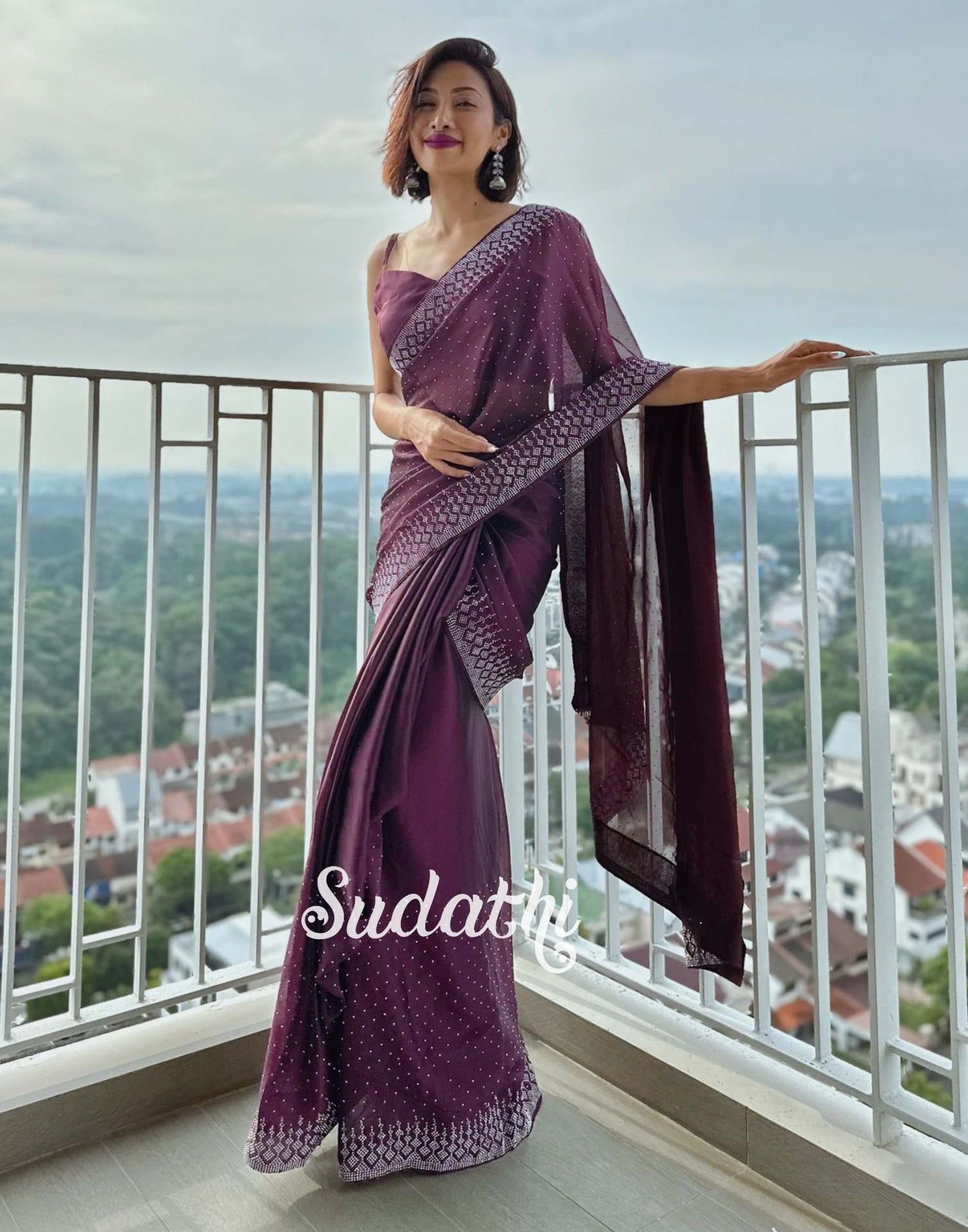 Wine Swarovski Georgette Saree