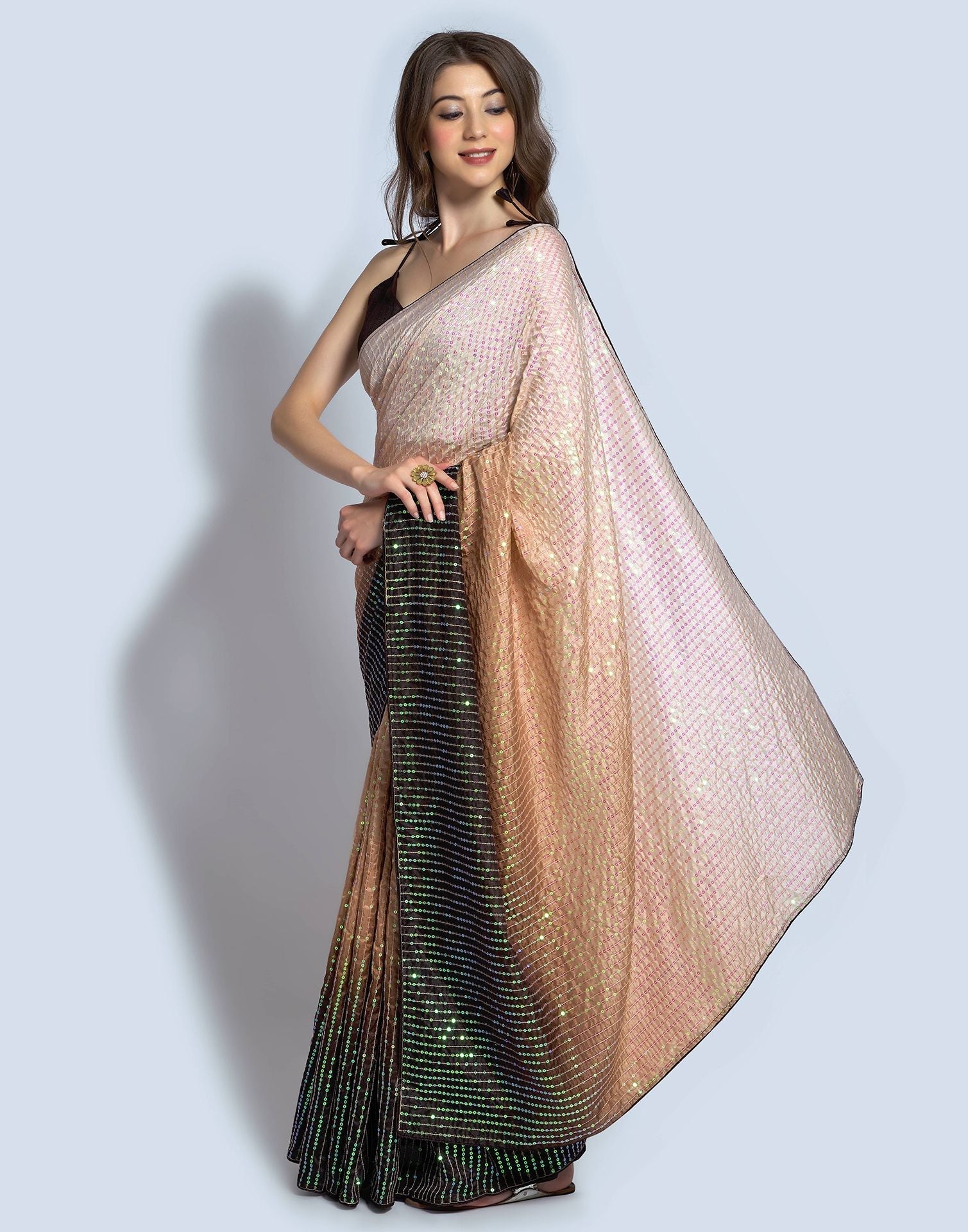 Beige Dola Silk Sequence Saree | Leemboodi