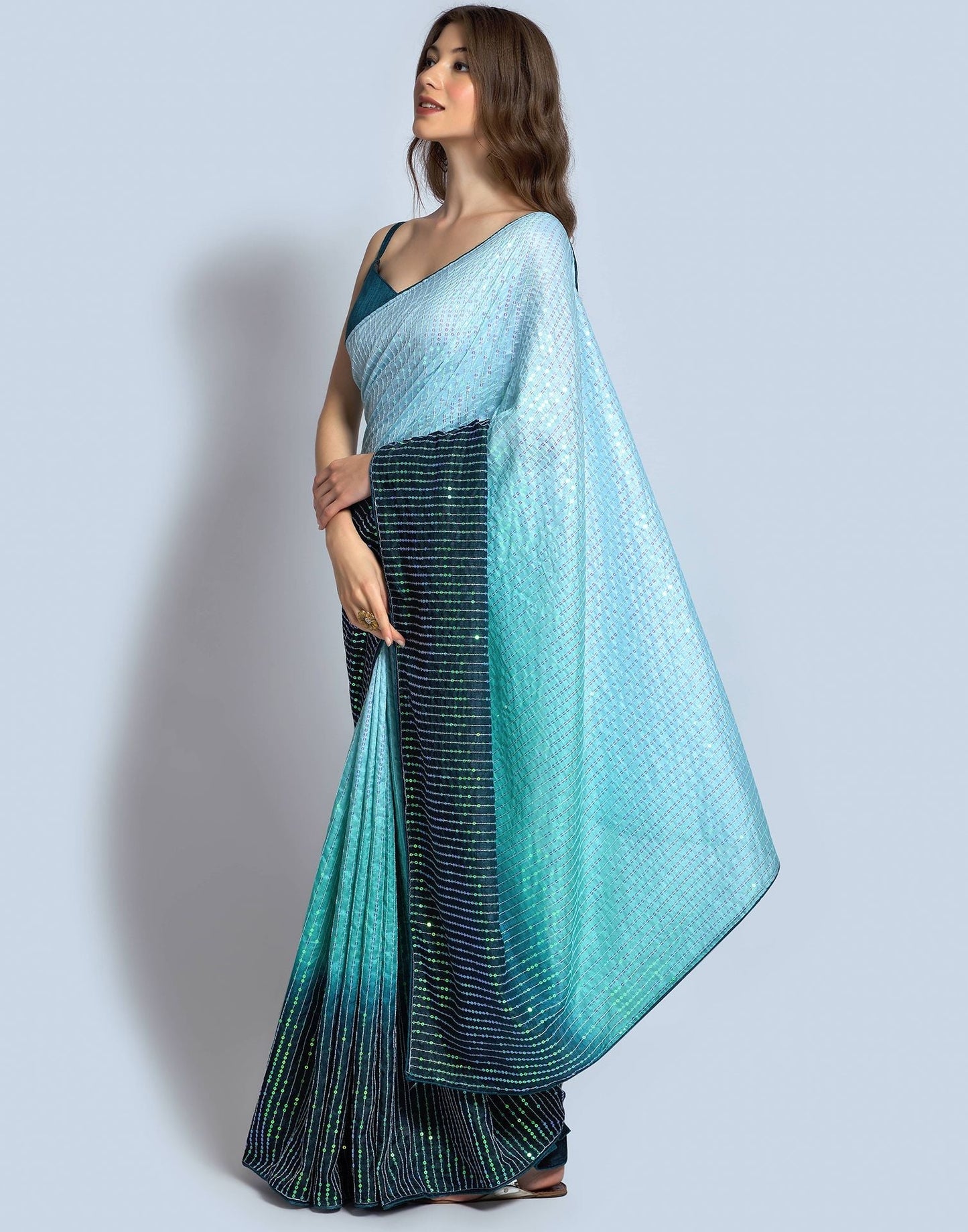 Sea Blue Dola Silk Sequence Saree | Leemboodi