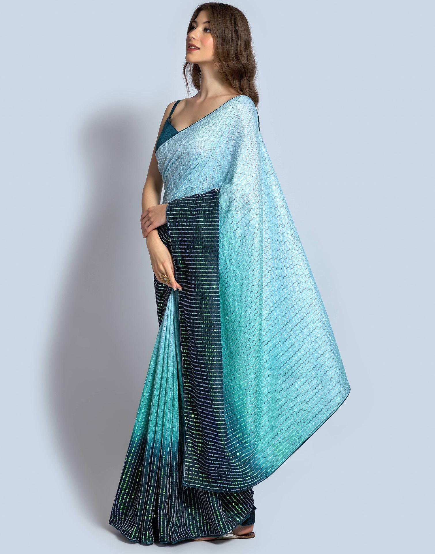 Sea Blue Dola Silk Sequence Saree | Leemboodi