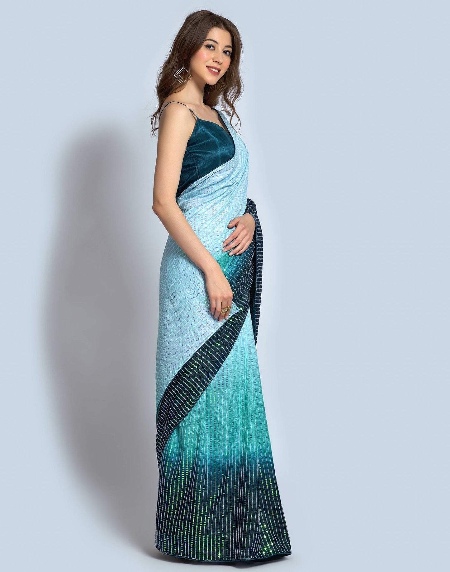 Sea Blue Dola Silk Sequence Saree | Leemboodi