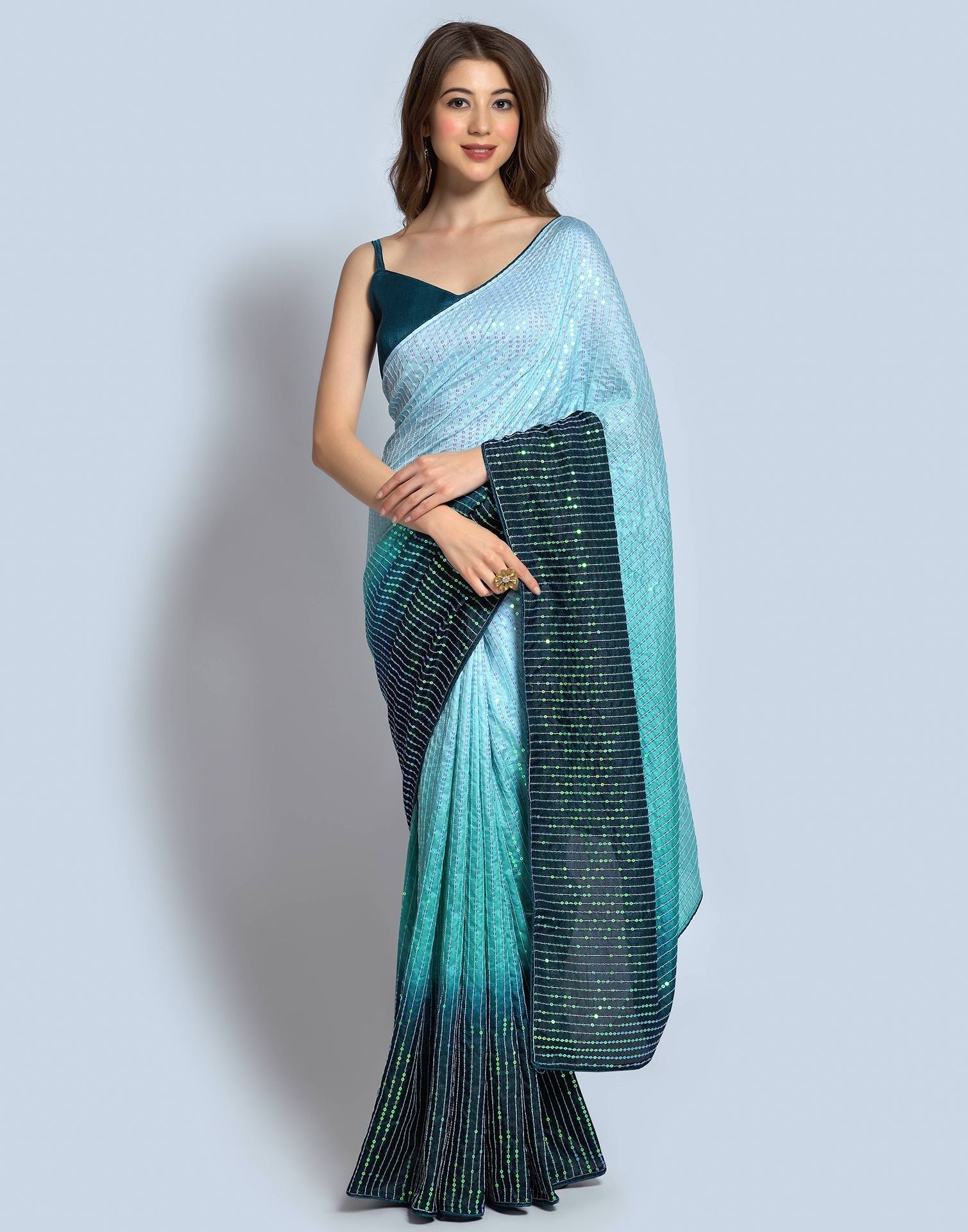 Sea Blue Dola Silk Sequence Saree | Leemboodi
