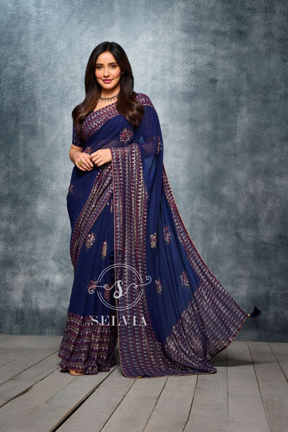 Navy Blue Coloured Georgette Foil And Pigment Printed Partywear Saree | Sudathi