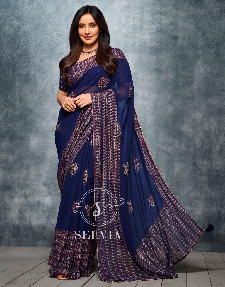 Navy Blue Coloured Georgette Foil And Pigment Printed Partywear Saree | Sudathi