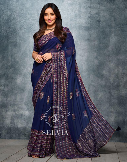 Navy Blue Coloured Georgette Foil And Pigment Printed Partywear Saree | Sudathi