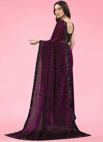 Wine And Black Velvet Sequence Saree