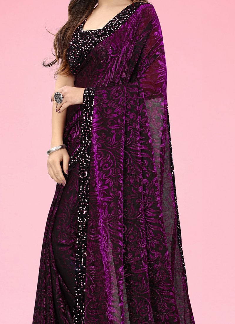 Wine And Black Velvet Sequence Saree